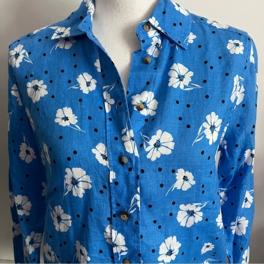 Pure Linen by Marks and Spencer • Blue Floral Button Down Blouse - Picture 2 of 5